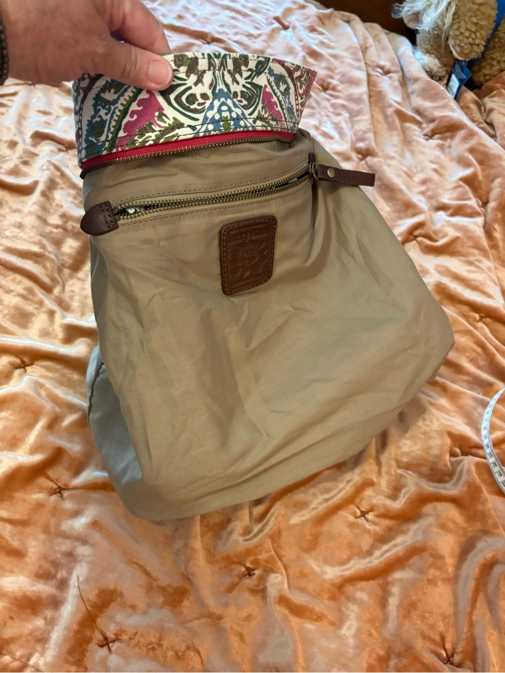 Lucky Brand Pink and Green XL Canvas Leather Shoulder Bag with Tan Suede Trim - Picture 9 of 16